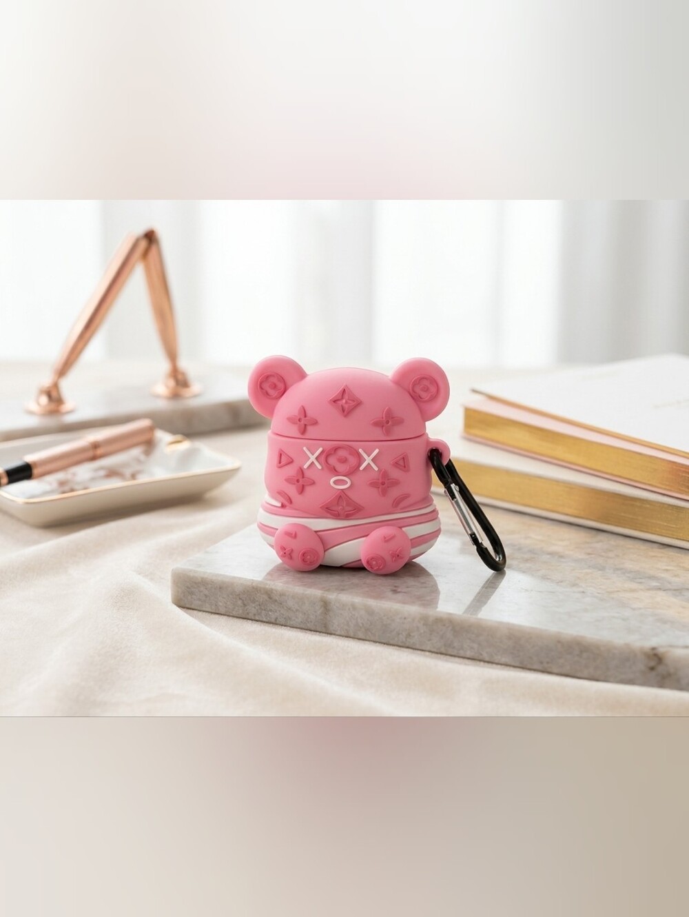 Cute 3D Pink Bear Wireless Earbuds Set with Charging Case & Keychain Clip